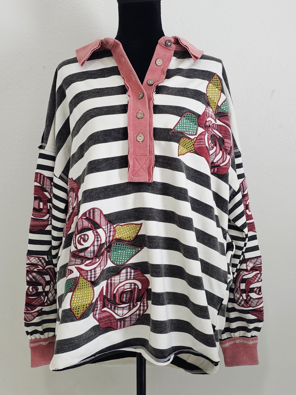 Striped Floral Rugby Shirt with Pink Placket